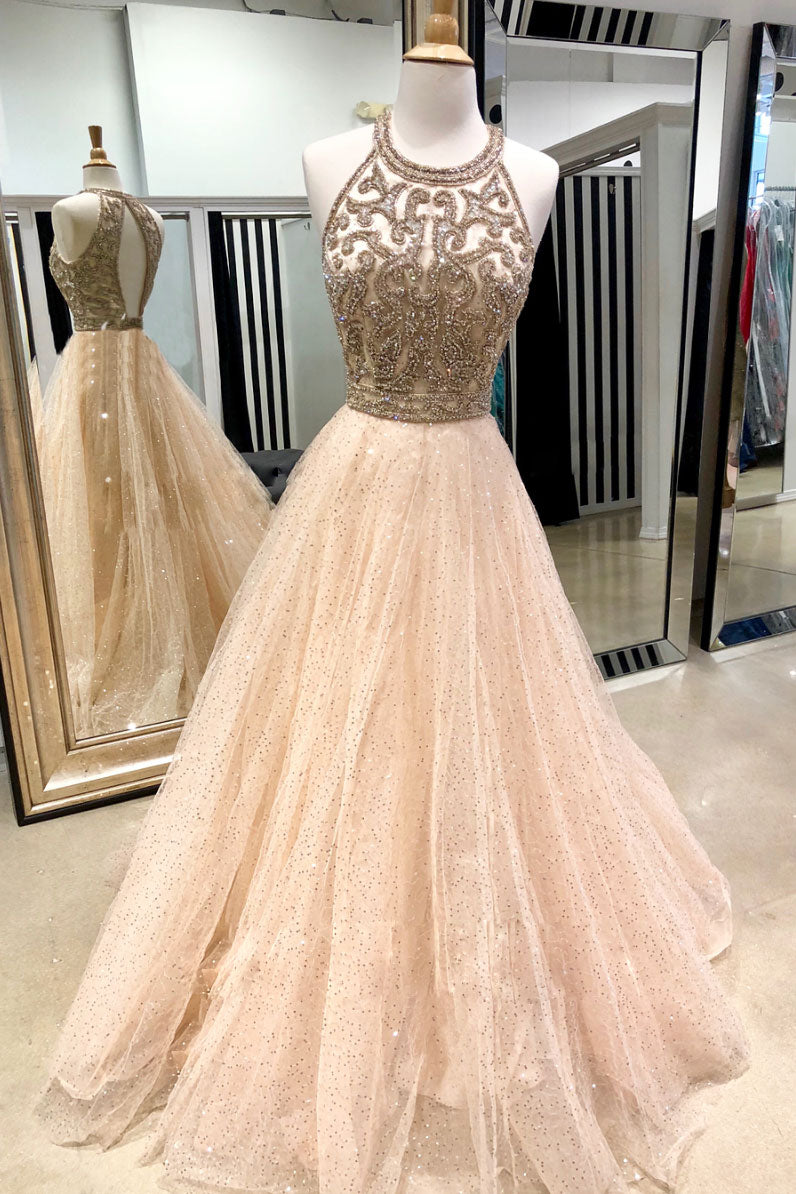 Champagne tulle sequin beads long prom dress, champagne tulle evening dress
