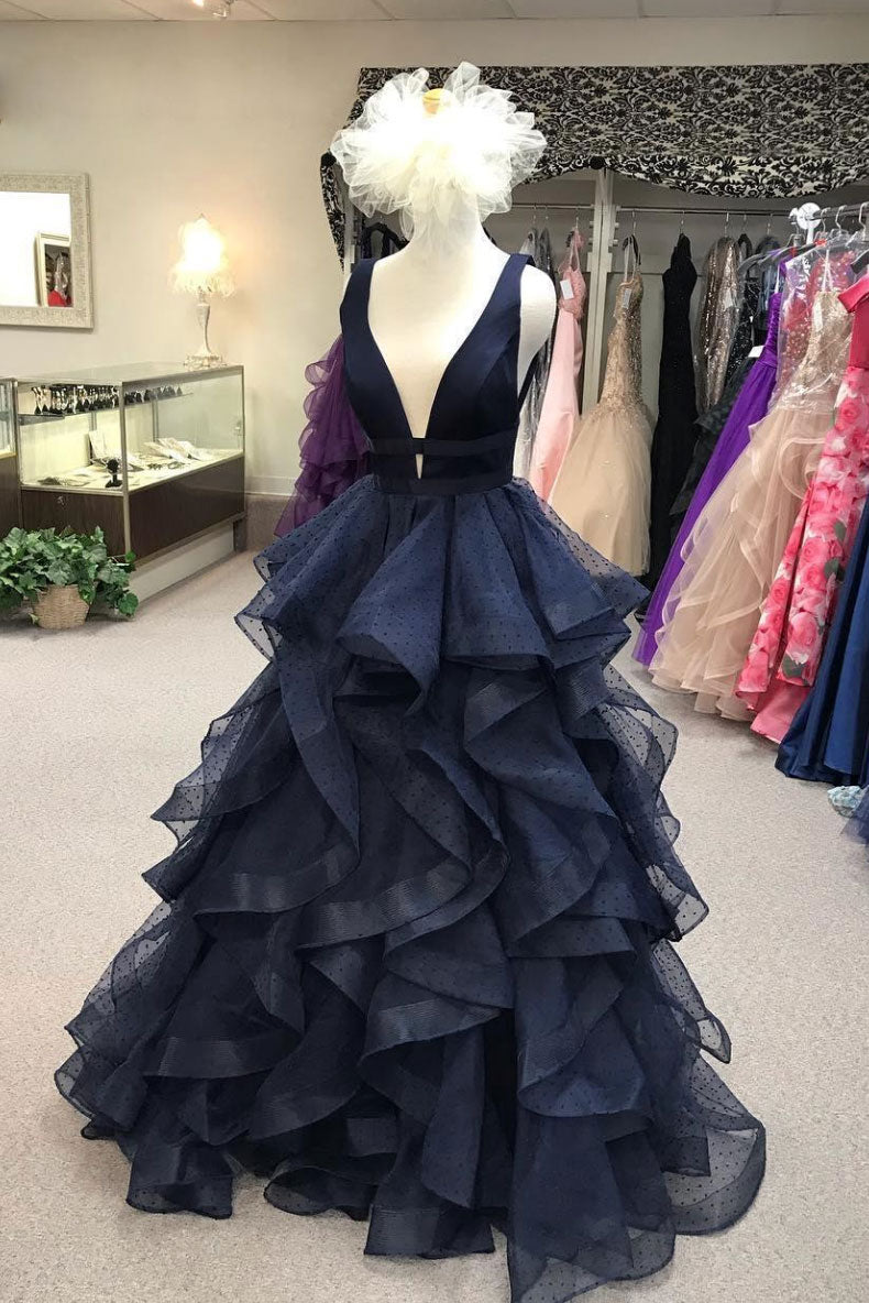 Dark blue tulle long prom dress, blue tulle evening dress