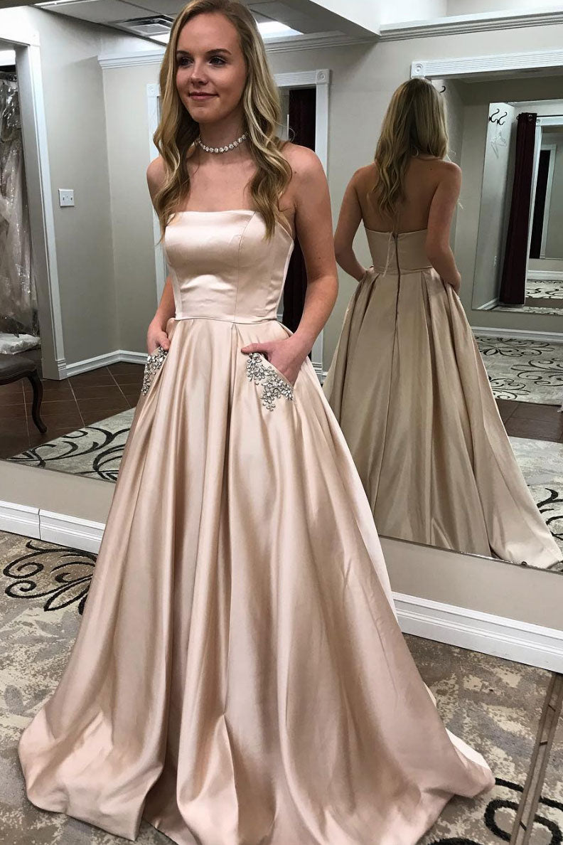 Champagne satin long prom dress, champagne evening dress – dresstby