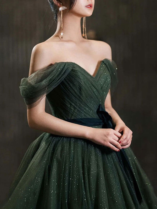 Simple green A line tulle off shoulder long prom dress, green evening dress