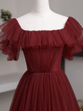 Simple A line burgundy tulle long prom dress, burgundy tulle formal dress