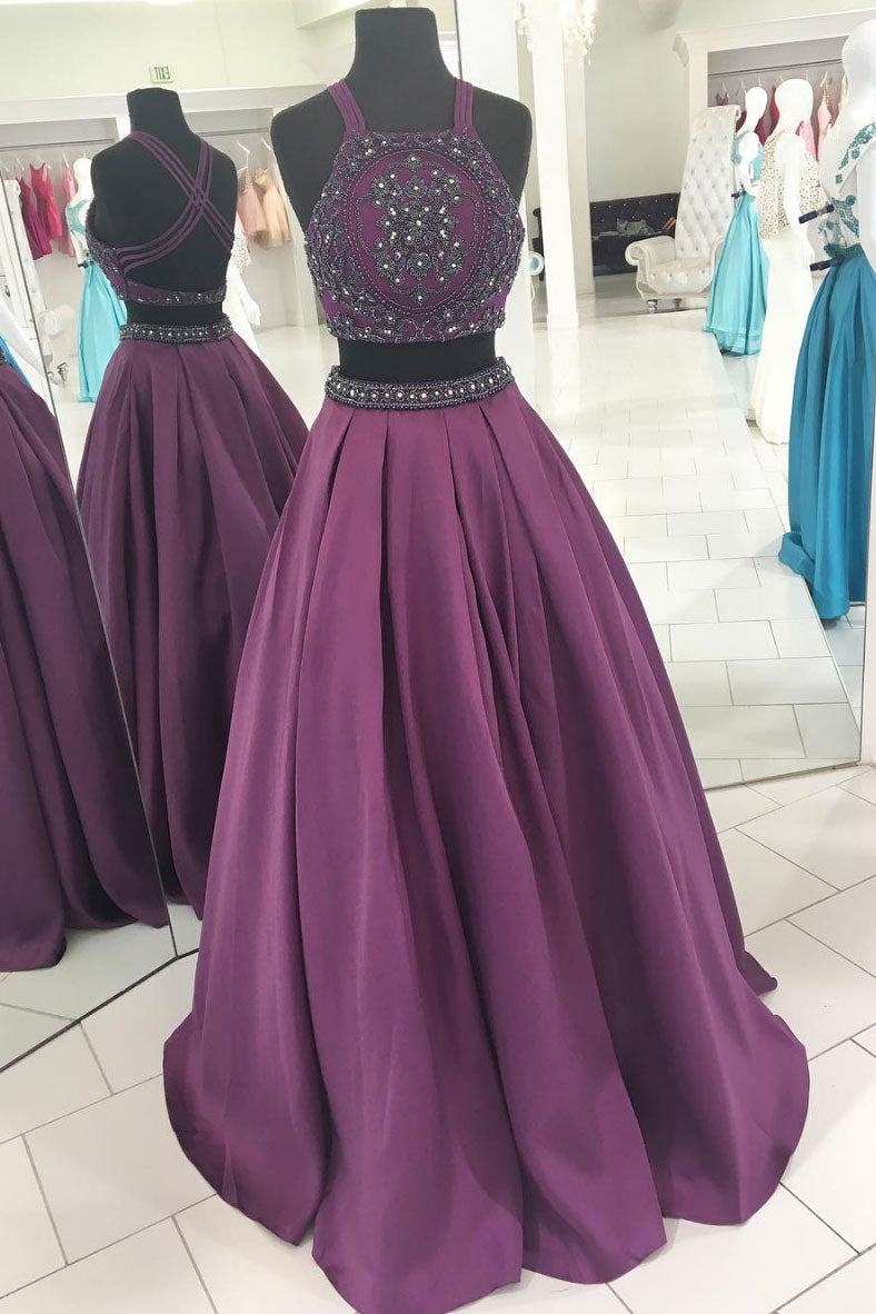 Unique two pieces beads long prom dress, evening dress
