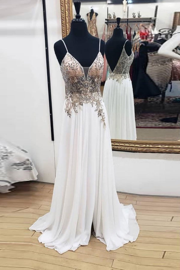 White sweetheart chiffon lace long prom dress, white evening dress