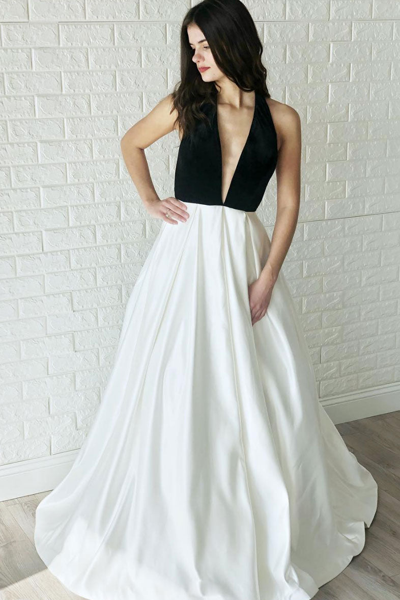 Simple white v neck satin long prom dress, white evening dress