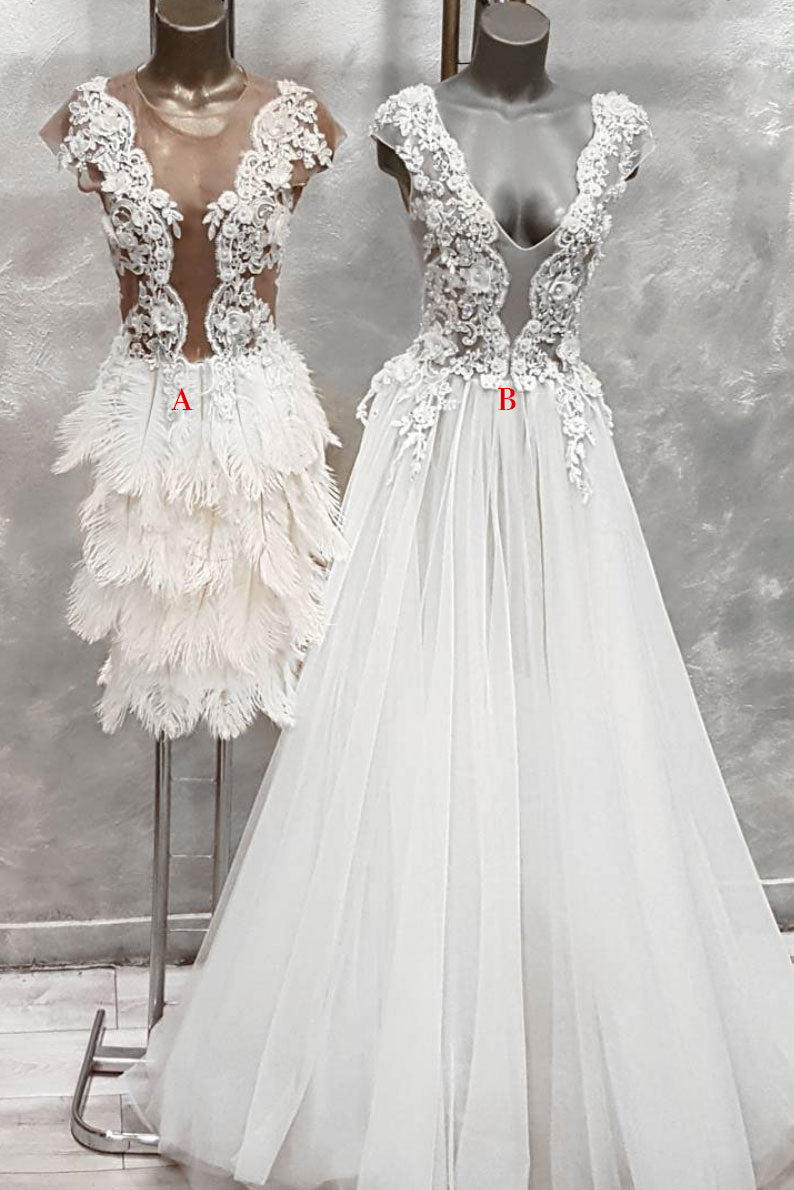 Unique v neck lace tulle prom dress, white evening dress