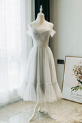 Gray tulle lace prom dress, tulle lace homecoming dress