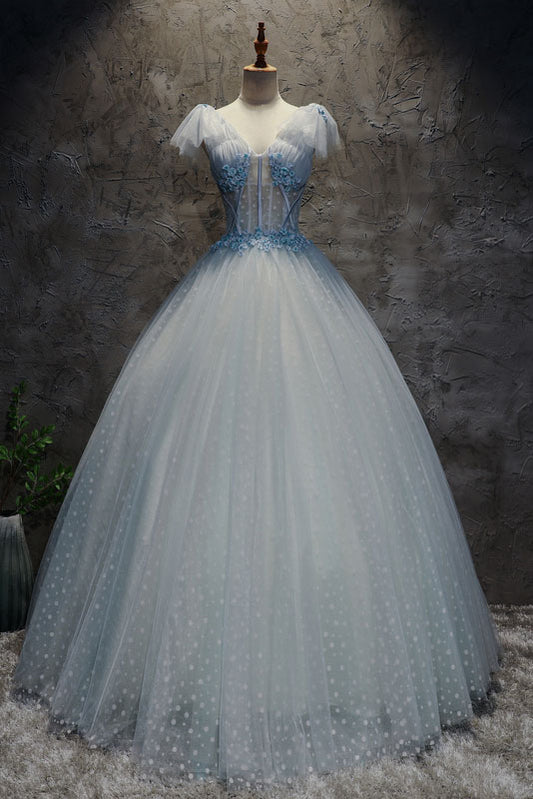 Blue tulle long prom dress, blue tulle evening dress