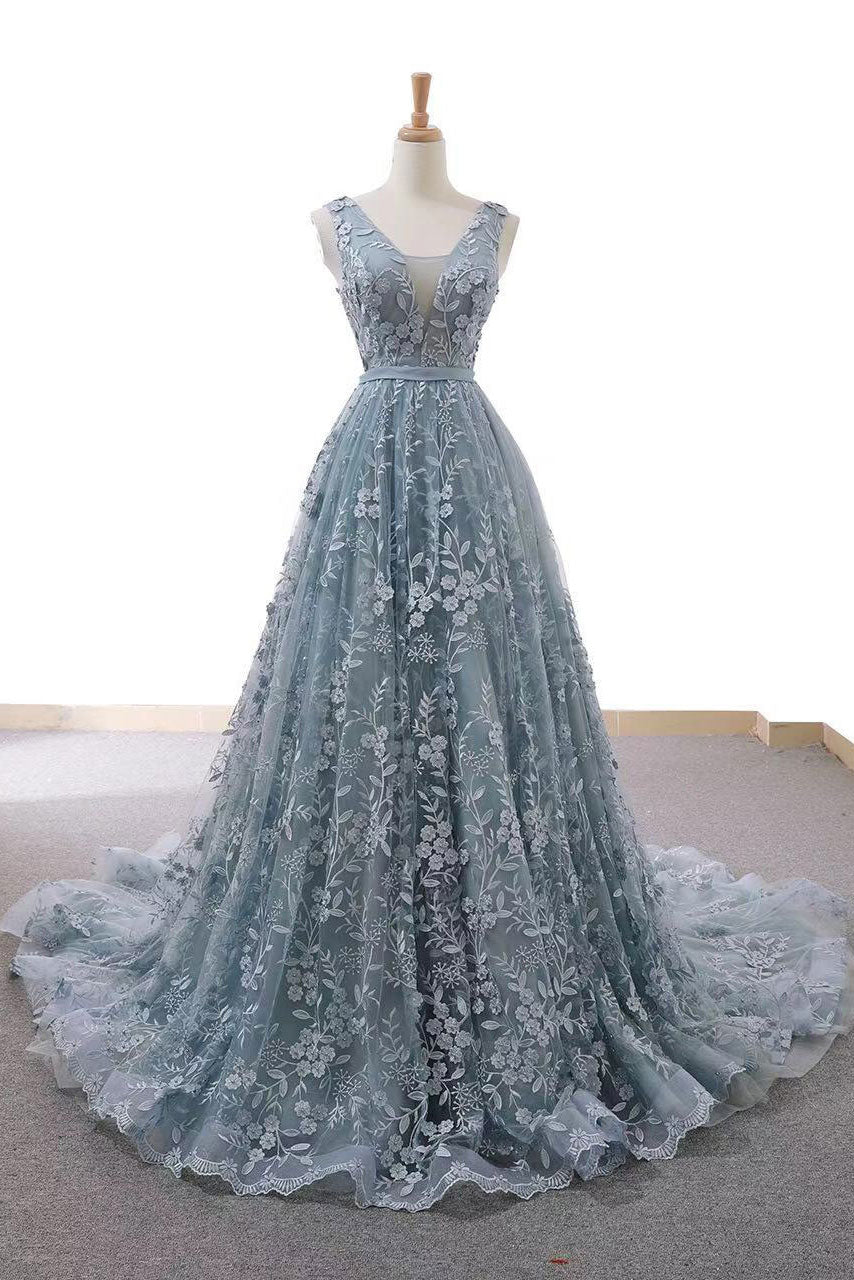 Gray blue tulle lace long prom dress, blue evening dress