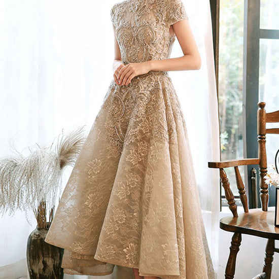 Unique high neck lace long prom dress lace formal dress – dresstby