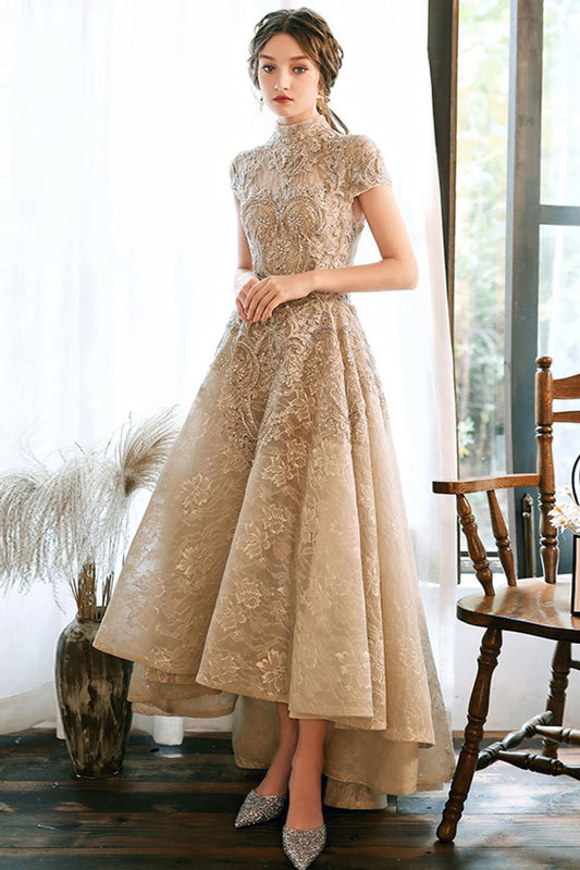 Unique high neck lace long prom dress lace formal dress