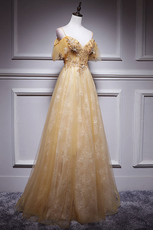 Champagne tulle lace long prom dress, champagne evening dress