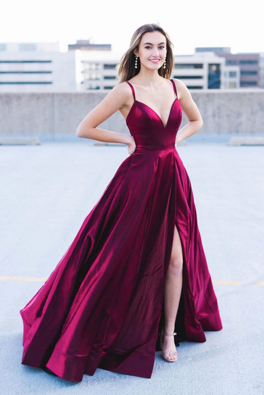 Simple burgundy satin long prom dress burgundy formal dress