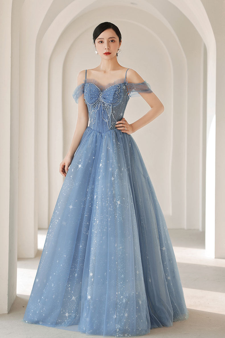 Blue sweetheart neck tulle beads long prom dress blue evening dress