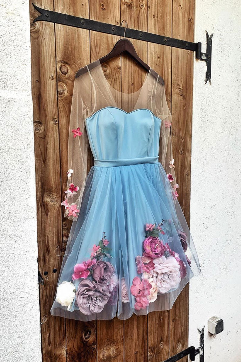 Blue v neck tulle short prom dress, blue homecoming dress