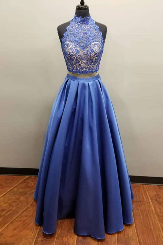 Blue two pieces lace long prom dress, blue evening dress