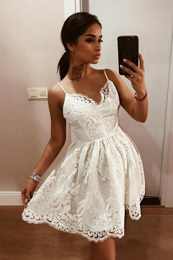 White v neck tulle lace short prom dress lace homecoming dress