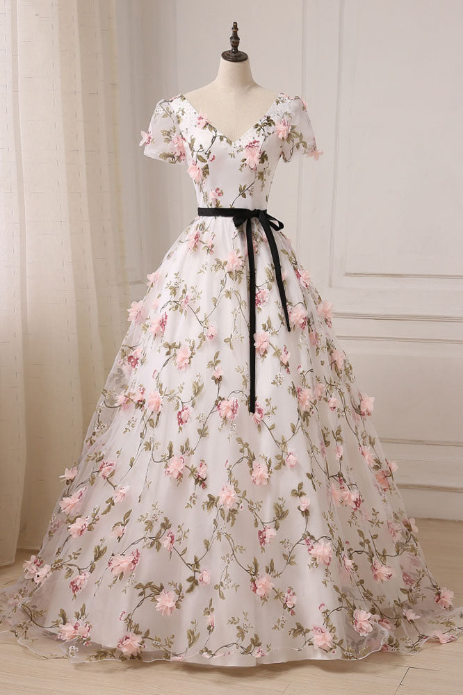 Unique v neck 3D applique long prom dress, evening dress
