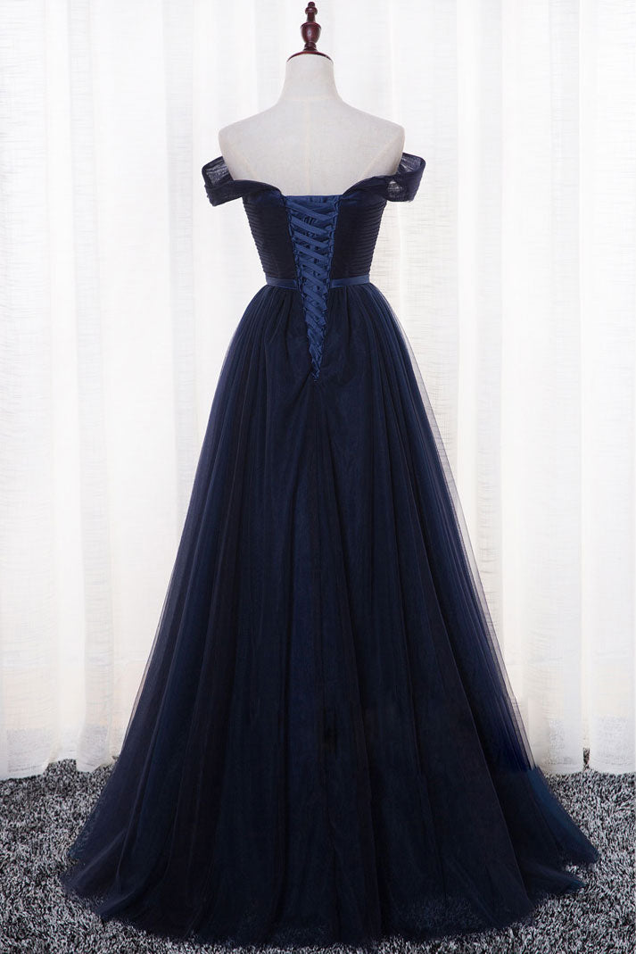 Simple dark blue satin prom dress, dark blue evening dress – shdress