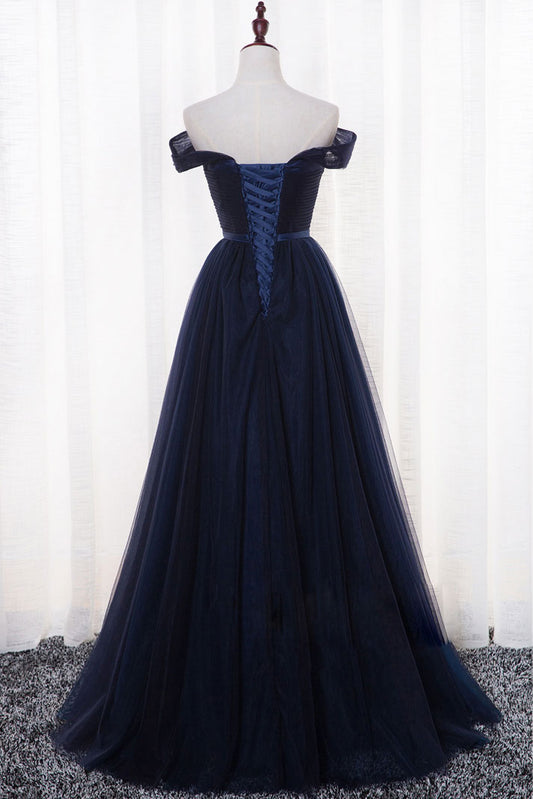 Simple dark blue tulle long prom dress, dark blue evening dress