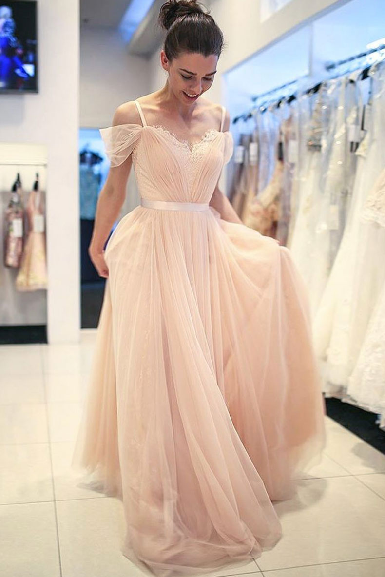 Elegant champagne tulle long prom dress, champagne tulle formal dress
