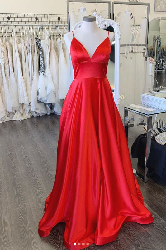 Red v neck satin long prom dress red long formal dress