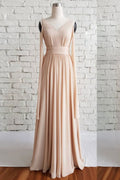 Simple v neck chiffon long prom dress, champagne evening dress