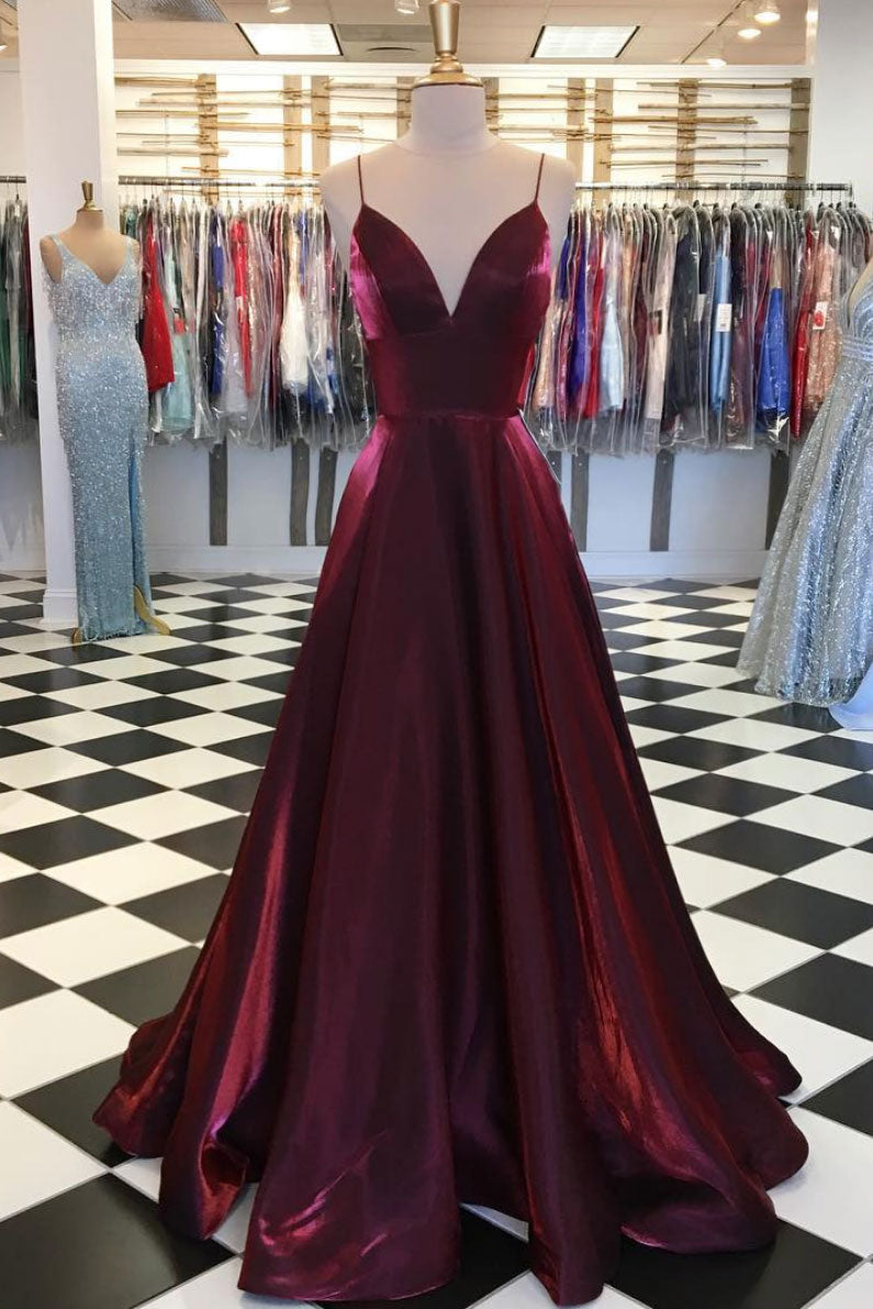 Simple v neck satin burgundy long prom dress, burgundy evening dress