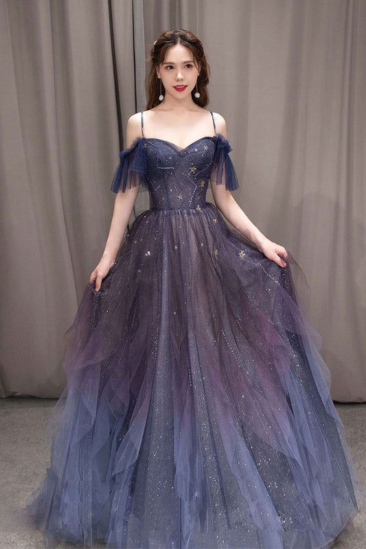 Purple sweetheart neck tulle long prom dress purple formal dress