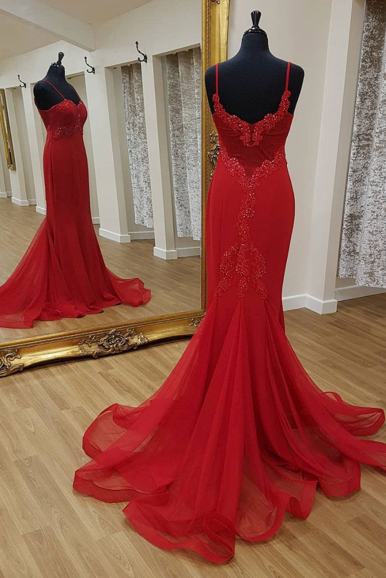 Red sweetheart lace mermaid long prom dress, red evening dress