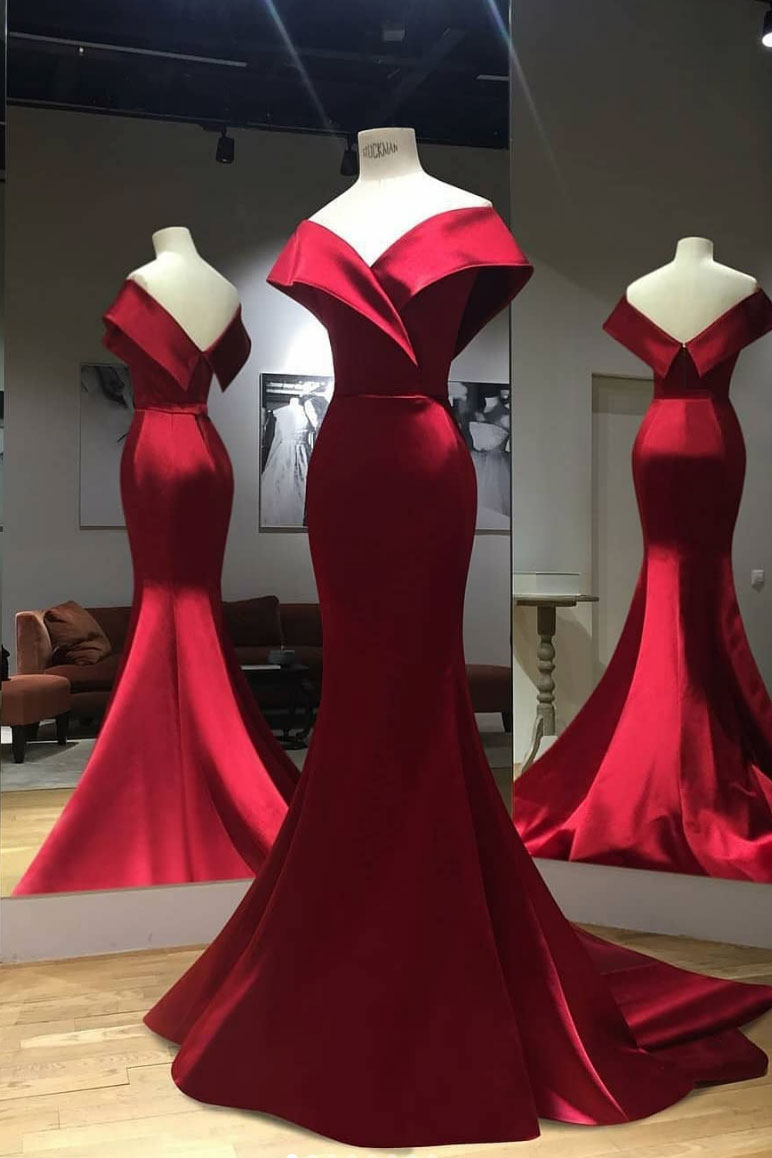 Simple red satin long prom dress, evening dress