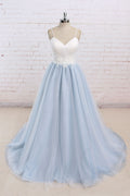 Simple blue tulle long prom dress, tulle wedding dress