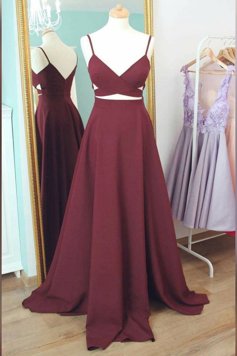 Simple v neck burgundy long prom dress, burgundy evening dress