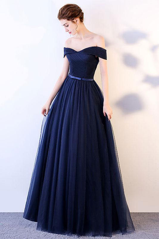Simple sweetheart tulle dark blue long prom dress, blue bridesmaid dress