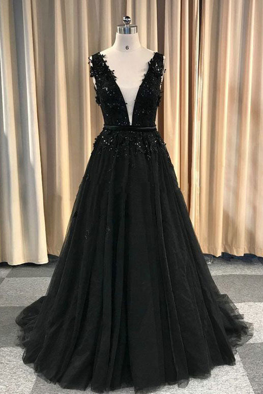 Black v neck tulle lace long prom dress, black tulle evening dress