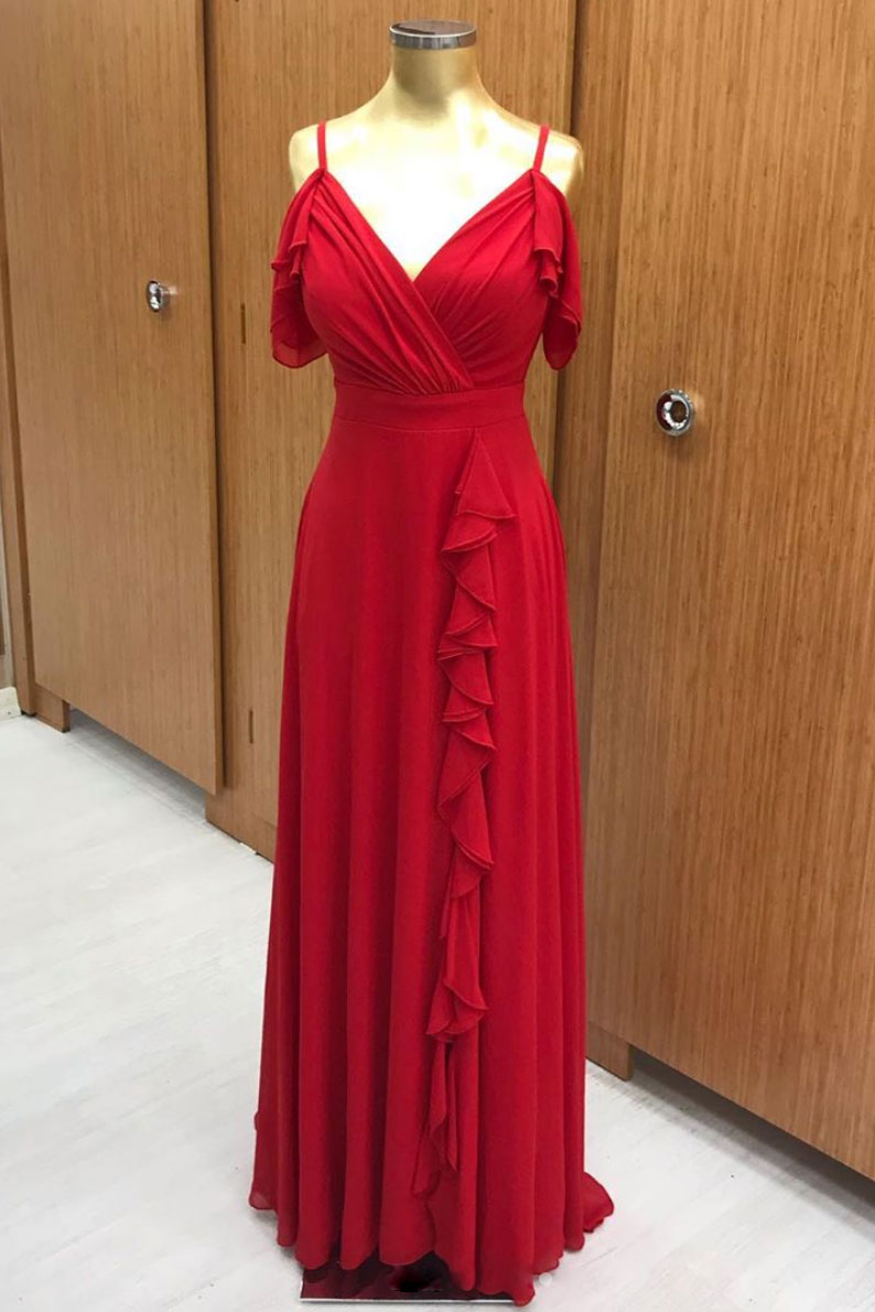 Red chiffon long prom dress, red chiffon evening dress