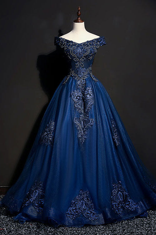 Blue v neck tulle beads long prom dress, blue evening dress