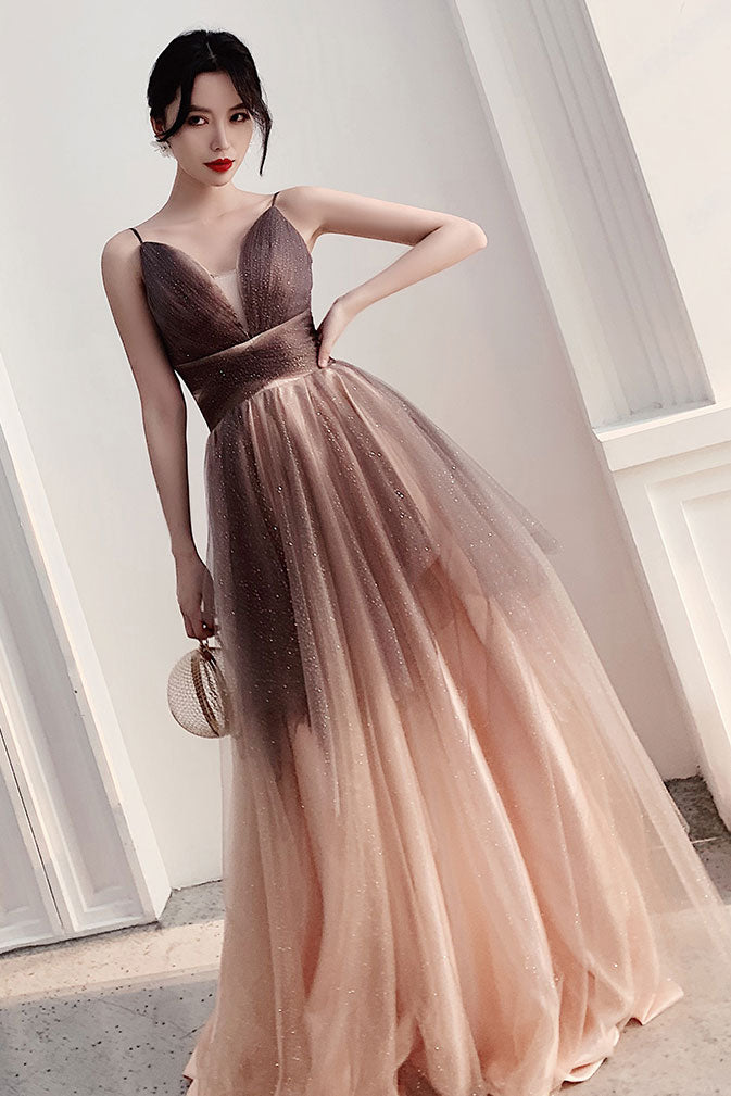 Champagne sweetheart tulle sequin long prom dress formal dress