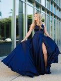 Simple blue satin long prom dress, blue backless evening dress