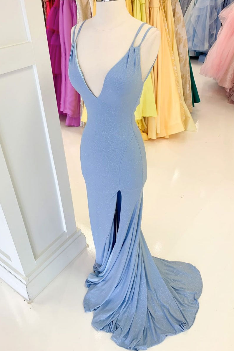 Simple v neck mermaid long prom dress blue long evening dress