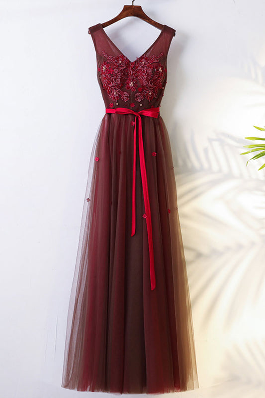 Burgundy v neck lace tulle long prom dress bridesmaid dress