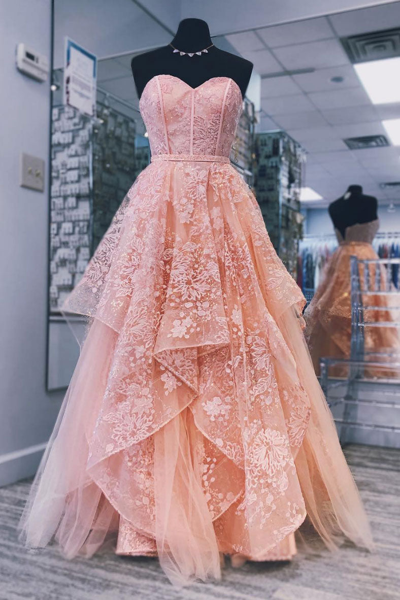 Pink sweetheart neck tulle lace long prom dress, pink evening dress