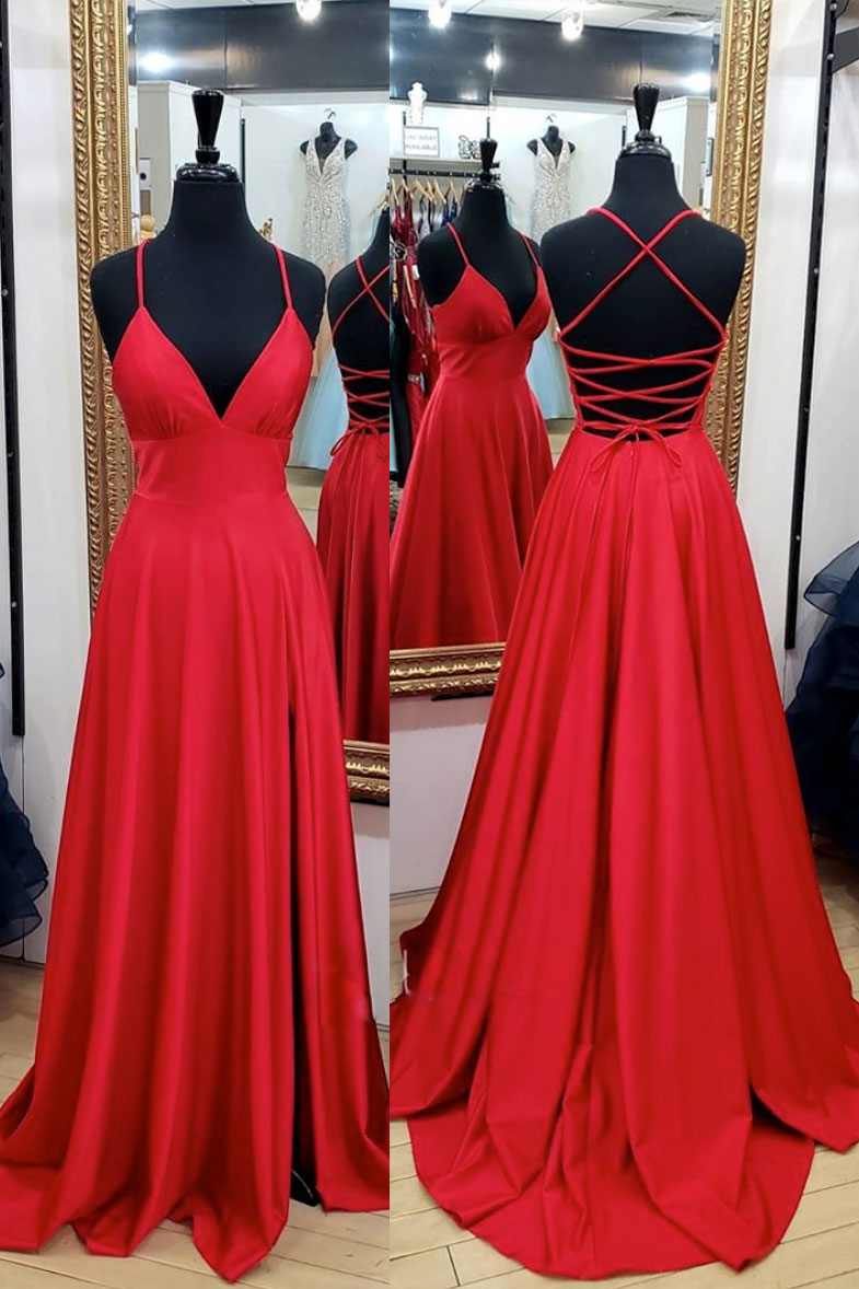 Red satin v neck long prom dress red long evening dress