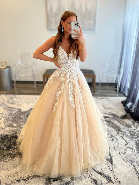 Champagne v neck tulle lace long prom dress champagne evening dress