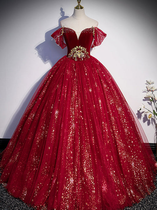 Burgundy tulle sequin long prom dress, burgundy tulle formal dress