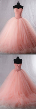 Pink sweetheart neck tulle beads long prom dress, pink evening dress