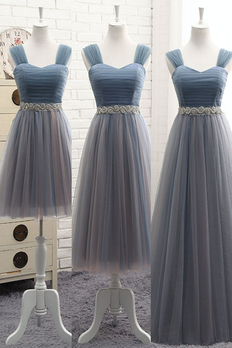 simple v neck tulle gray blue prom dress, tulle bridesmaid dress