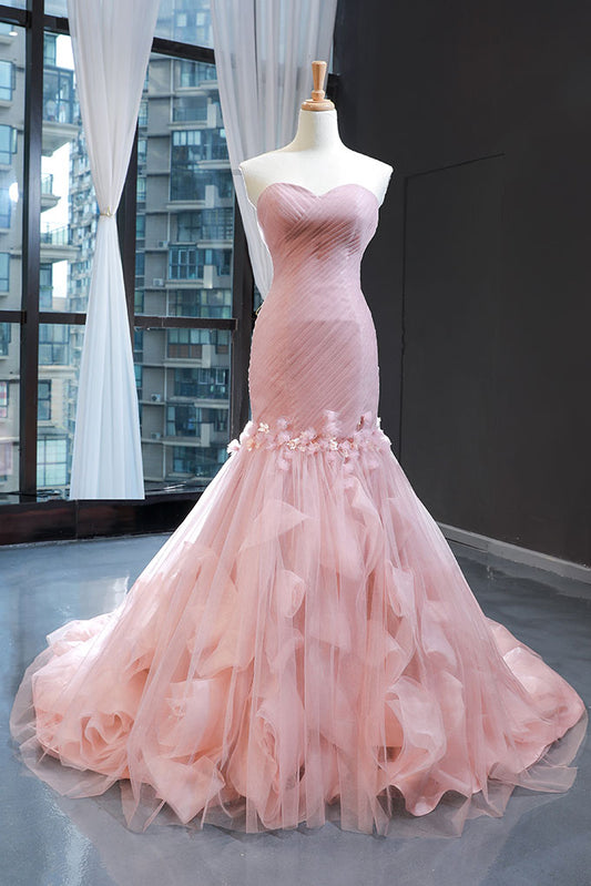 Pink sweetheart tulle mermaid long prom dress pink evening dress