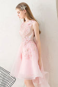 Pink tulle lace short prom dress, pink homecoming dress