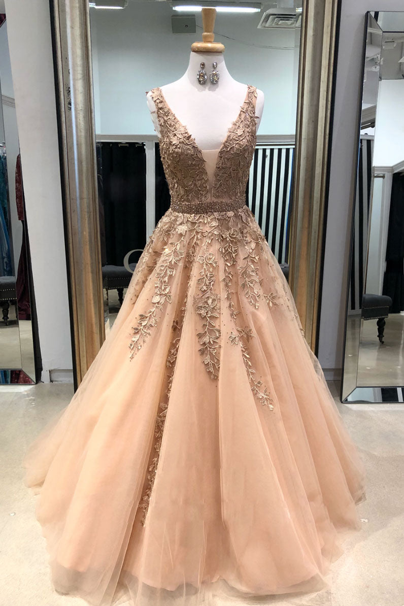 Champagne v neck tulle lace applique long prom dress, champagne evening dress