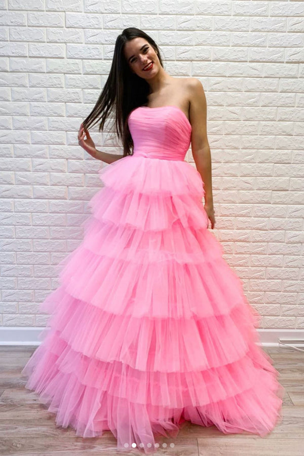 Pink sweetheart tulle long prom dress pink tulle formal dress